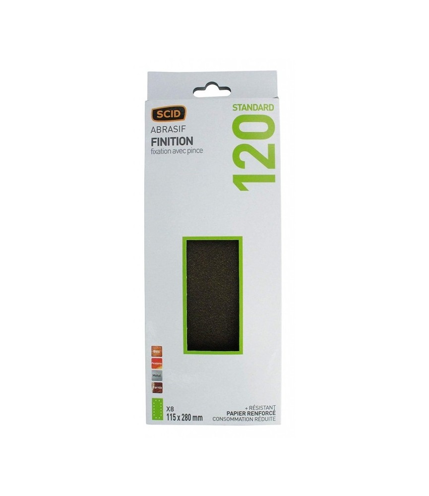 Patin abrasif avec fixation pince 115 x 280 mm - 14 trous - Grain 120 - SCID Patin abrasif avec fixation pince 115 x 280 mm - 14 trous - Grain 120 - SCID