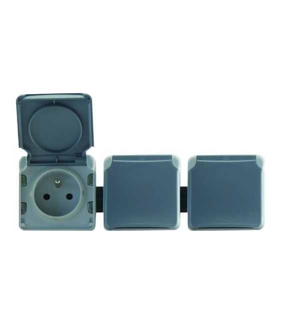 Triple prise avec terre précâblée + volet IP 55 Plexo - horizontal - Gris - LEGRAND