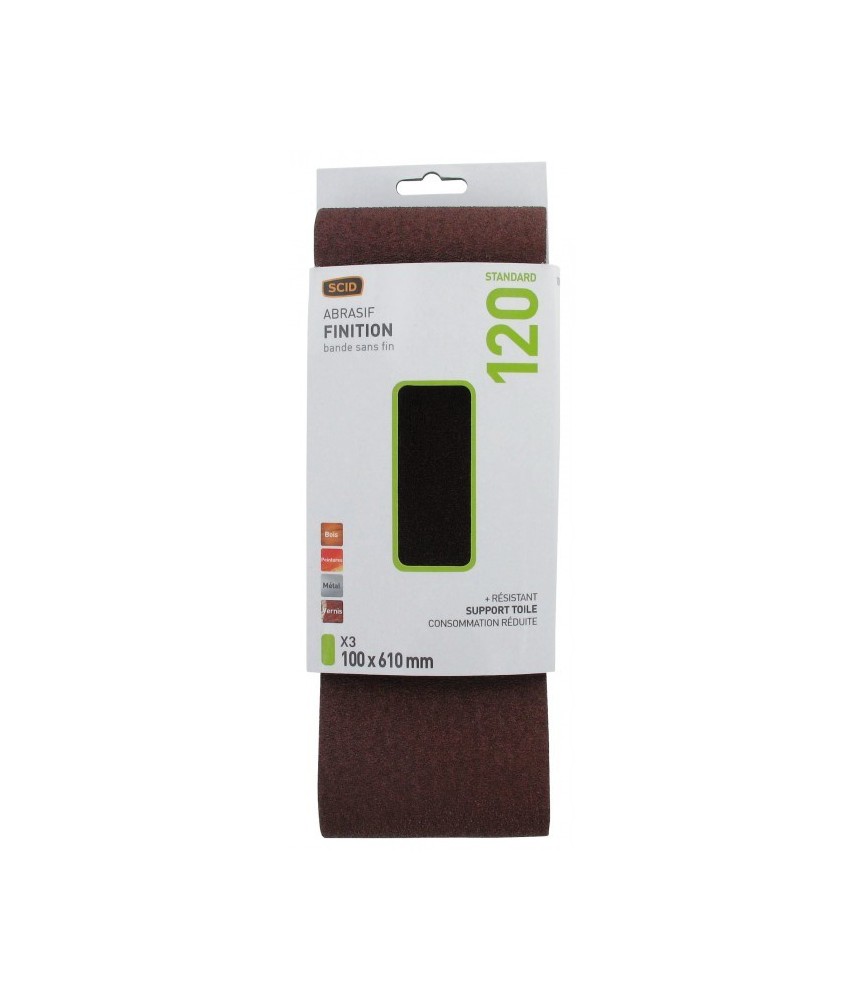 Bande pour ponçeuse - Grain 120 - 100 x 610 mm Lot de 3 pièces - SCID Bande pour ponçeuse - Grain 120 - 100 x 610 mm Lot de 3 pièces - SCID