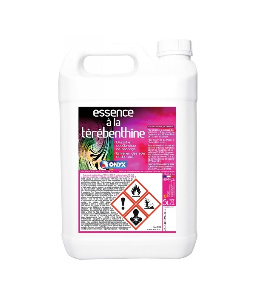 Essence à la térébenthine - Détachant, nettoyant bois cirés et cuirs - 5 L - ONYX Essence à la térébenthine - Détachant, nettoyant bois cirés et cuirs - 5 L - ONYX
