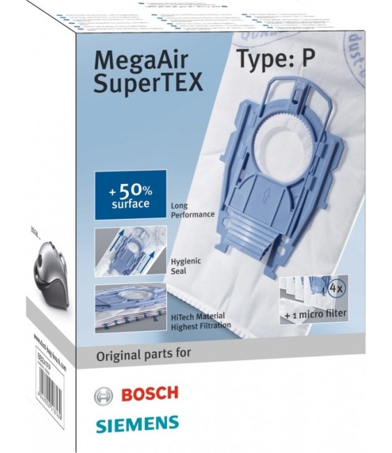 Sacs aspirateurs MegaAir SuperTex, type P - 4 sacs + 1 filtre - BOSCH