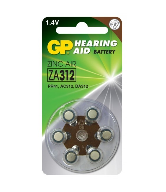 6 piles auditives - Zinc Air - ZA 312-D6 - GP