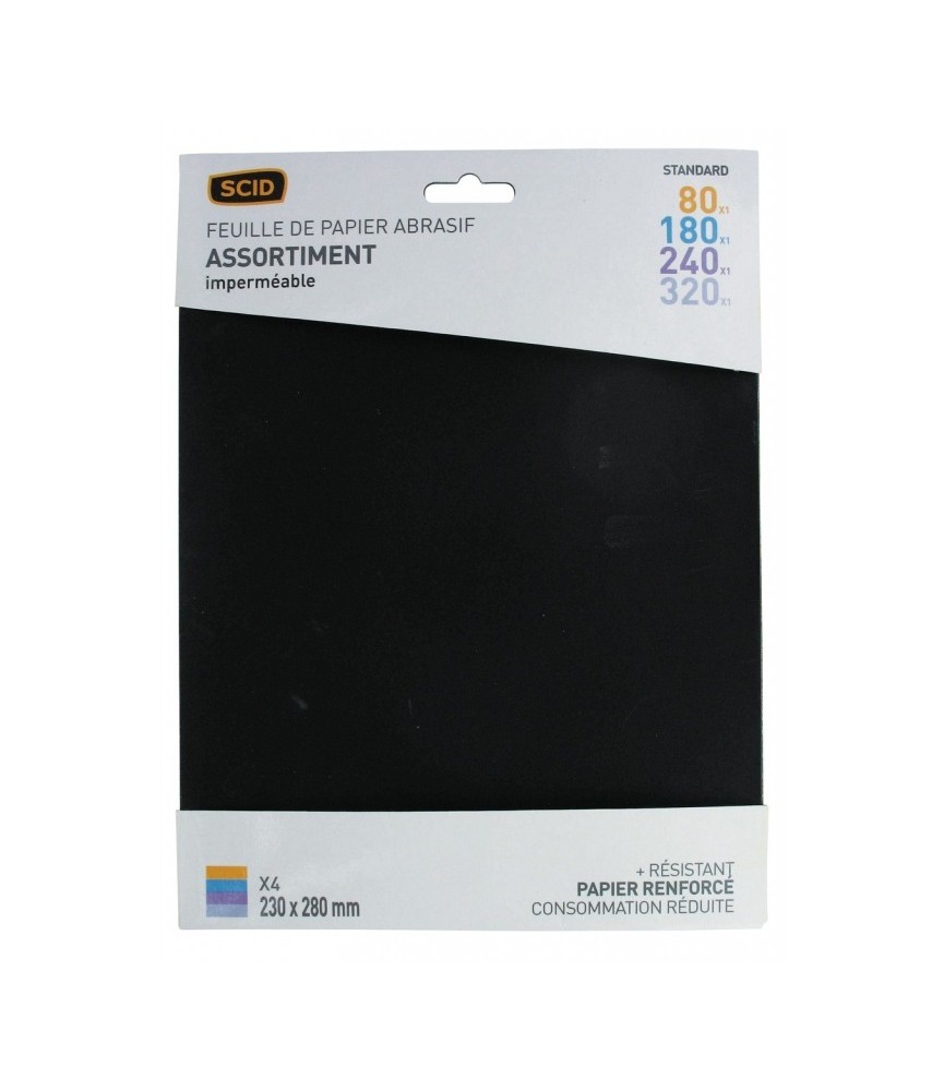 Assortiment de papier abrasif imperméable - 230 x 280 mm - Grain 80, 180, 240, 320 - Lot de 4 - SCID Assortiment de papier abrasif imperméable - 230 x 280 mm - Grain 80, 180, 240, 320 - Lot de 4 - SCID