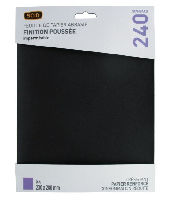 Papier abrasif imperméable - 230 x 280 mm - Grain 240 - Lot de 4 - SCID