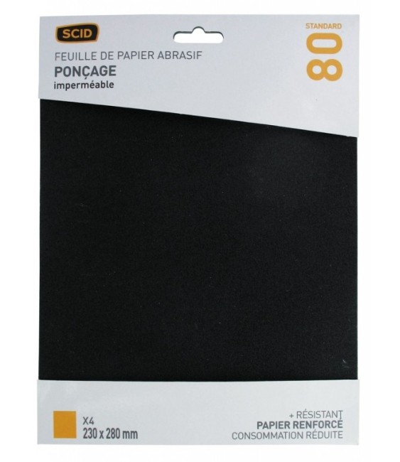 Papier abrasif imperméable - 230 x 280 mm - Grain 80 - Lot de 4 - SCID