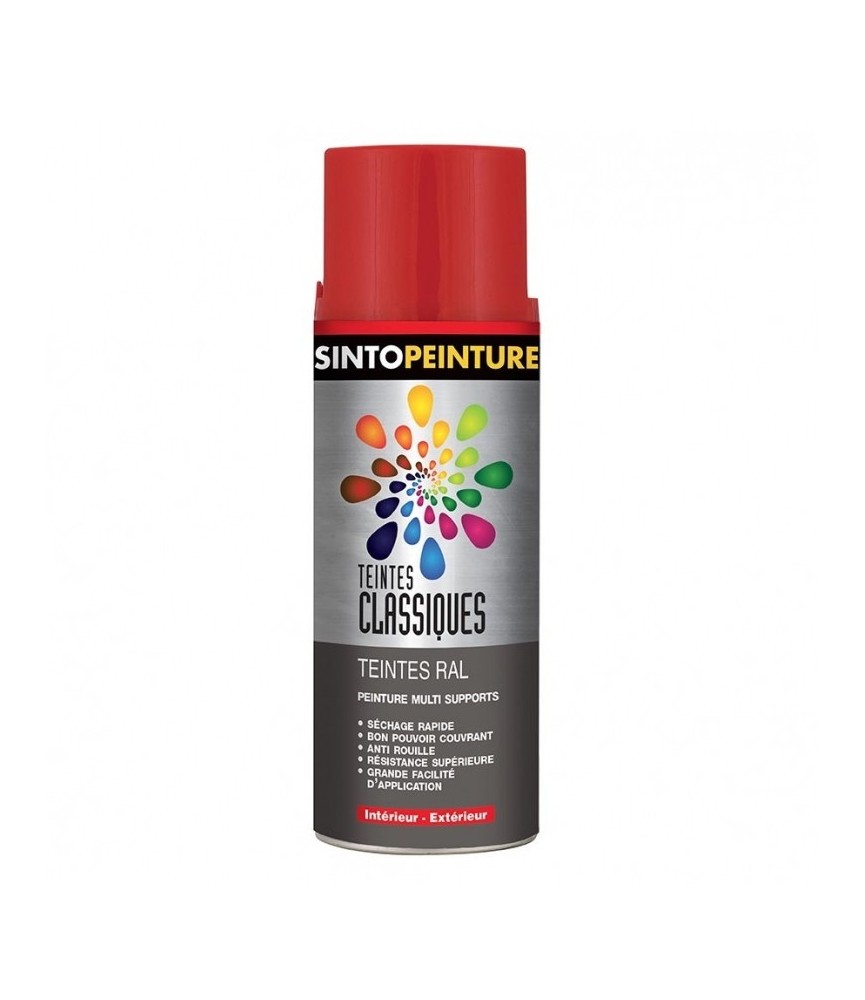 Peinture multi-supports - Teintes classiques RAL - Rouge feu brillant - 400 ml - SINTO
