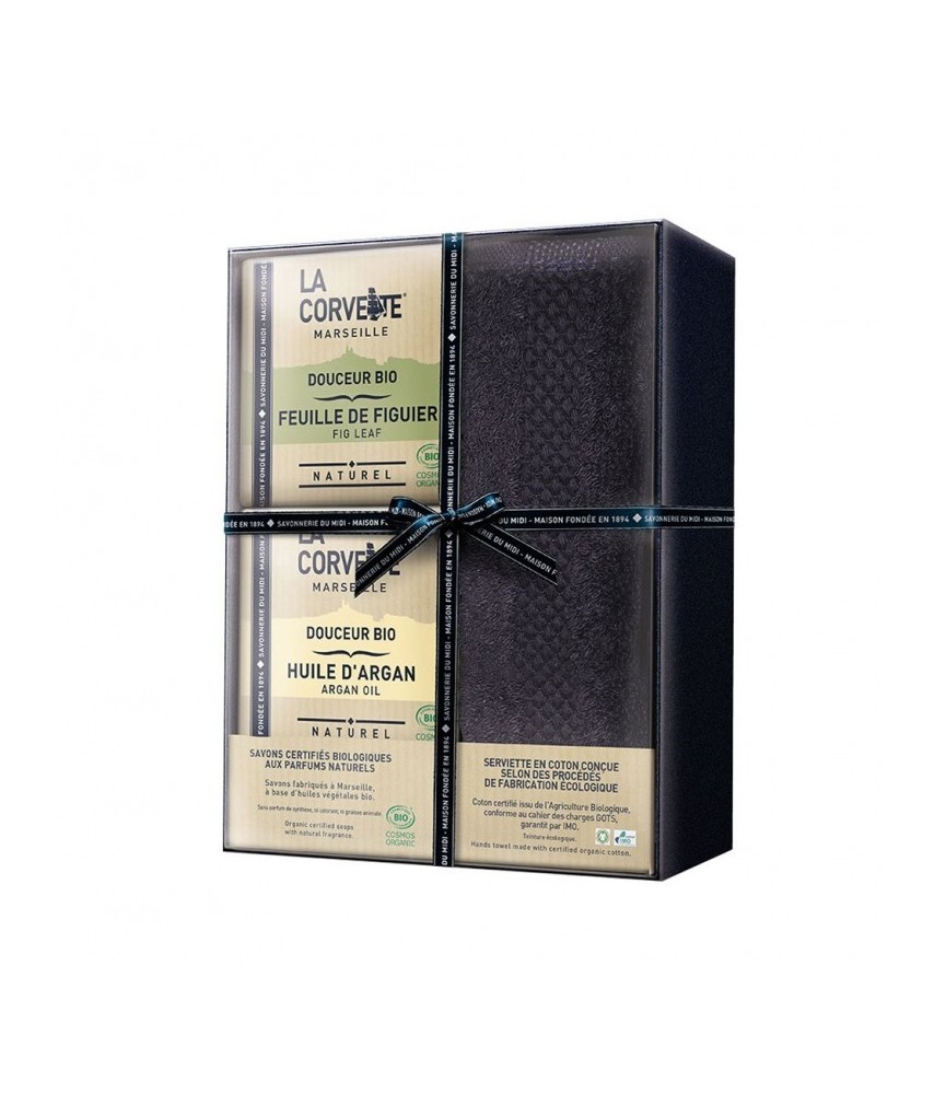 Coffret Bain Douceur Bio - Savons et une serviette - LA CORVETTE Coffret Bain Douceur Bio - Savons et une serviette - LA CORVETTE
