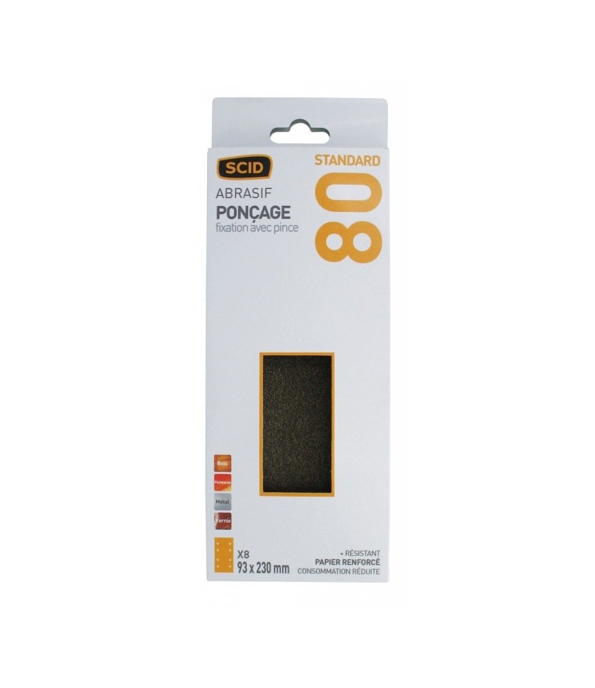 Patin abrasif avec fixation pince 93 x 230 mm - 8 trous - Grain 80 - SCID Patin abrasif avec fixation pince 93 x 230 mm - 8 trous - Grain 80 - SCID
