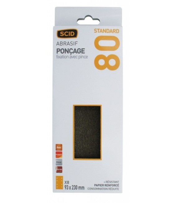 Patin abrasif avec fixation pince 93 x 230 mm - 8 trous - Grain 80 - SCID