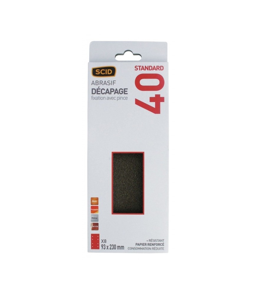 Patin abrasif avec fixation pince 93 x 230 mm - 8 trous - Grain 40 - SCID