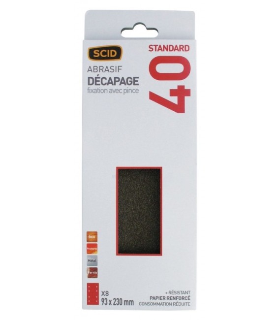 Patin abrasif avec fixation pince 93 x 230 mm - 8 trous - Grain 40 - SCID