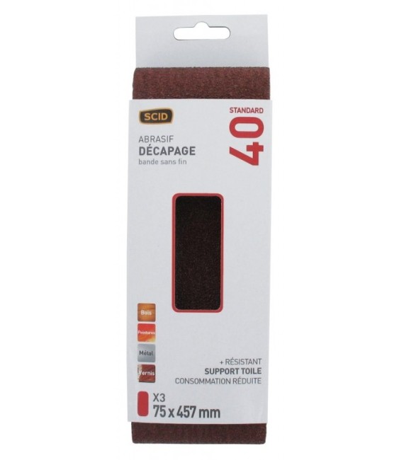 Bande sans fin abrasive - 75 x 457 mm - Grain 40 - Lot de 3 - SCID