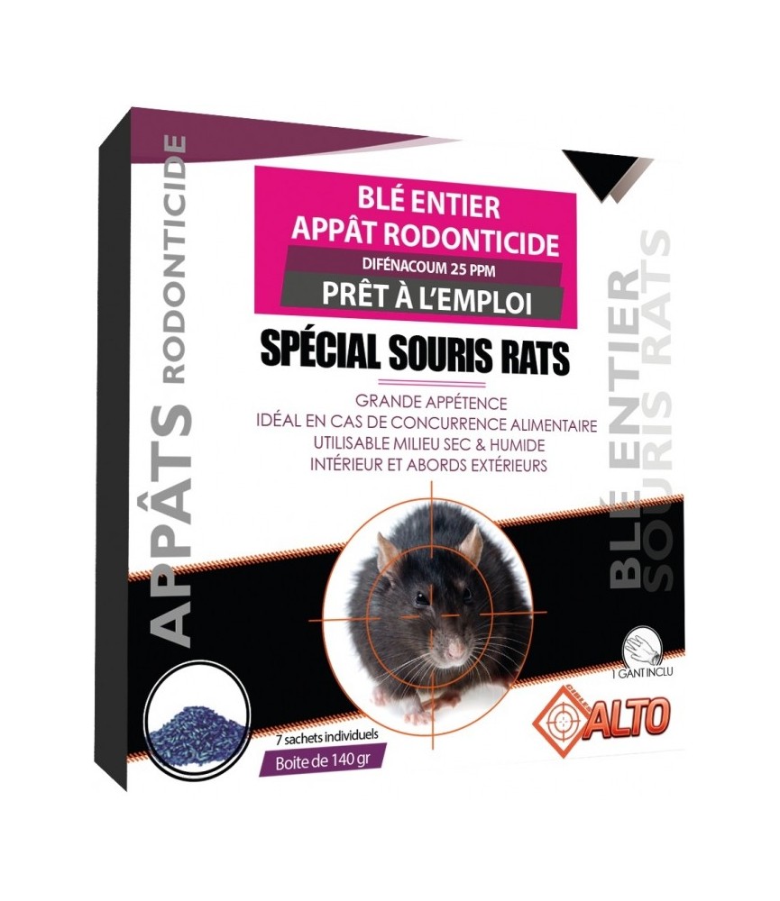 Appât raticide et souricide - Grain de blé entier - Difenacoum - 140 grs - ALTO