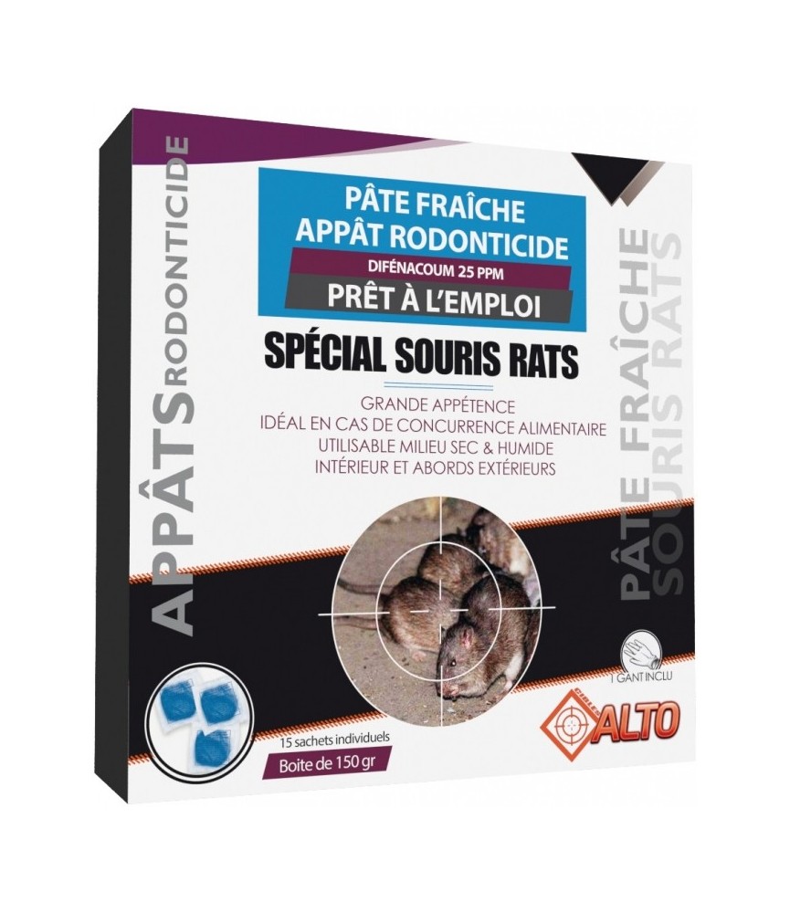 Appât raticide et souricide - Pâtes fraîches - Difénacoum - 150 grs - ALTO