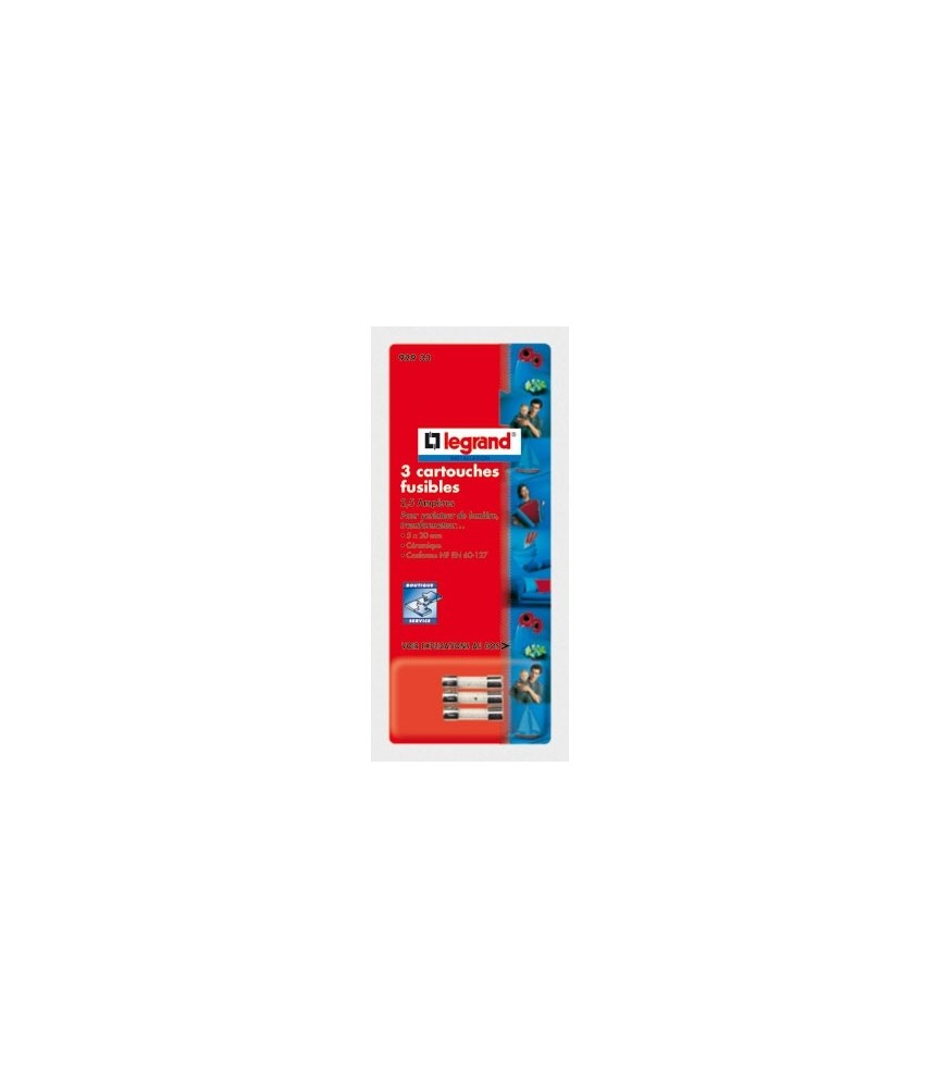 Cartouche fusible cylindrique - 5 x 20 mm - 2 A - Lot de 3 - LEGRAND Cartouche fusible cylindrique - 5 x 20 mm - 2 A - Lot de 3 - LEGRAND