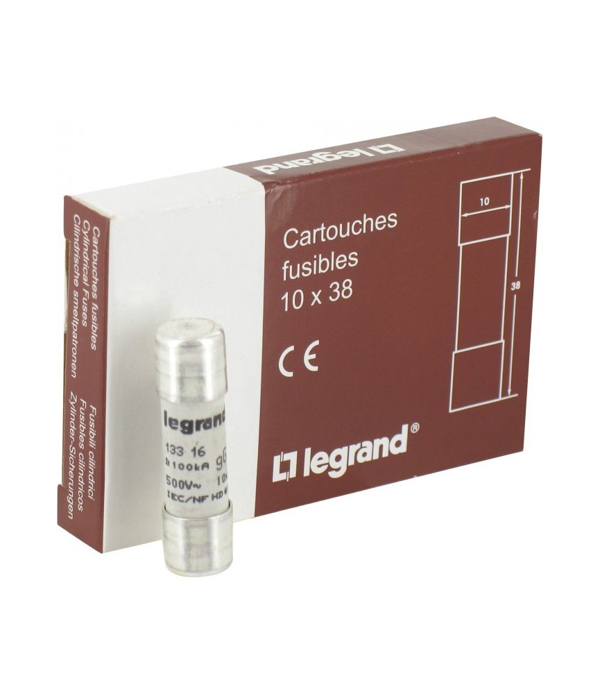 Cartouches industrielles cylindriques - 10 x 38 mm - 16 A - Sans voyant - Boîte de 10 - LEGRAND Cartouches industrielles cylindriques - 10 x 38 mm - 16 A - Sans voyant - Boîte de 10 - LEGRAND