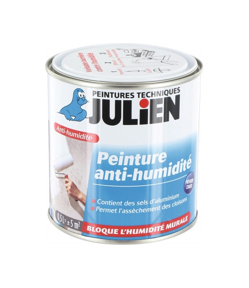 Peinture anti-humidité avec sels d'aluminium - 0.5 L - Blanc - Satin - JULIEN Peinture anti-humidité avec sels d'aluminium - 0.5 L - Blanc - Satin - JULIEN
