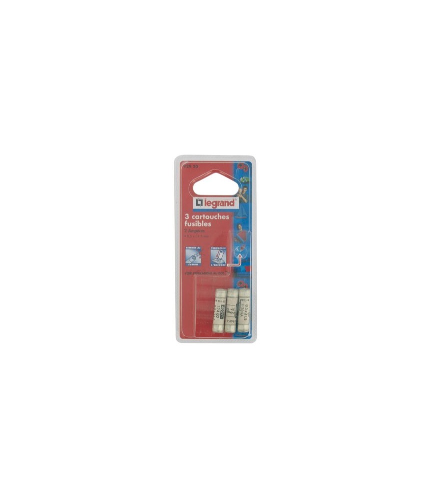Cartouche domestique cylindrique - 2 A - 31.5 x 8.5 mm -Avec voyant - Lot de 3 - LEGRAND Cartouche domestique cylindrique - 2 A - 31.5 x 8.5 mm -Avec voyant - Lot de 3 - LEGRAND