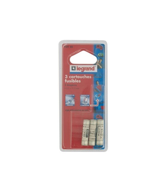 Cartouche domestique cylindrique - 2 A - 31.5 x 8.5 mm -Avec voyant - Lot de 3 - LEGRAND