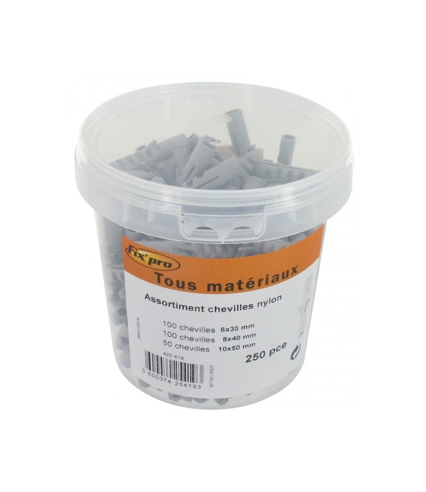Assortiment de chevilles nylon - Pot de 250 - FIX'PRO Assortiment de chevilles nylon - Pot de 250 - FIX'PRO