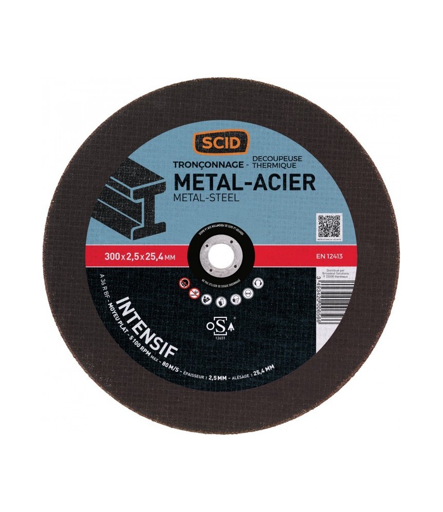 Disque abrasif à moyeu plat métaux  300mm x 2.5 mm - alésage 25.4 mm - SCID