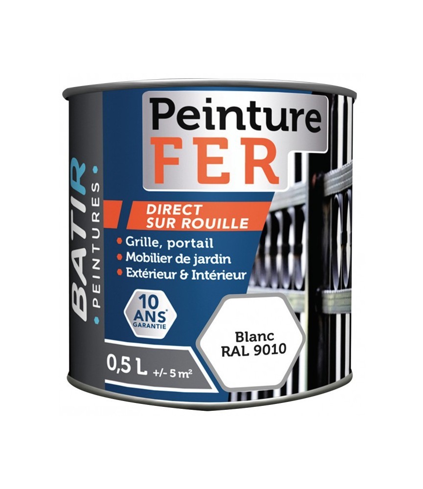 Peinture fer - Satiné - Blanc - 0.5 L - BATIR Peinture fer - Satiné - Blanc - 0.5 L - BATIR