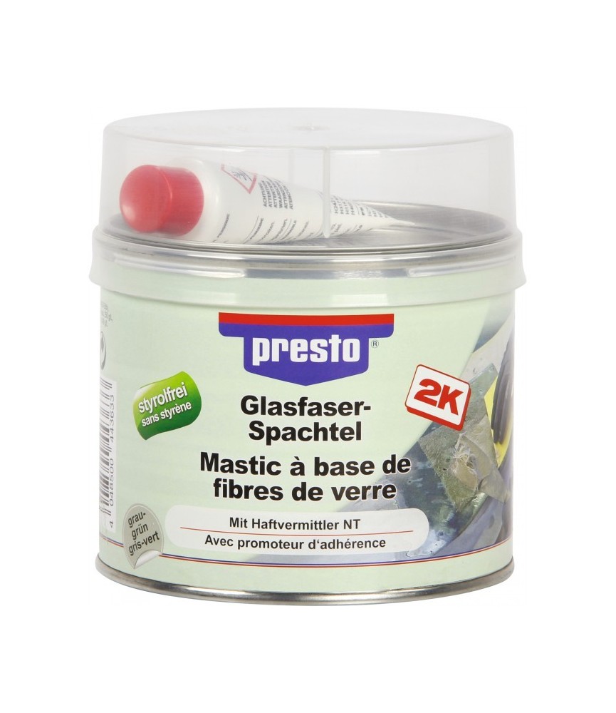 Mastic polyester avec fibre de verre - 1 Kg - Gris clair - PRESTO Mastic polyester avec fibre de verre - 1 Kg - Gris clair - PRESTO