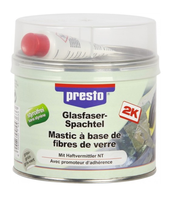 Mastic polyester avec fibre de verre - 1 Kg - Gris clair - PRESTO