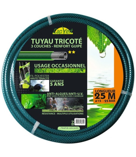 Tuyau tricoté - 3 couches - Renfort guipé - 25 M x 15 mm - CAP VERT