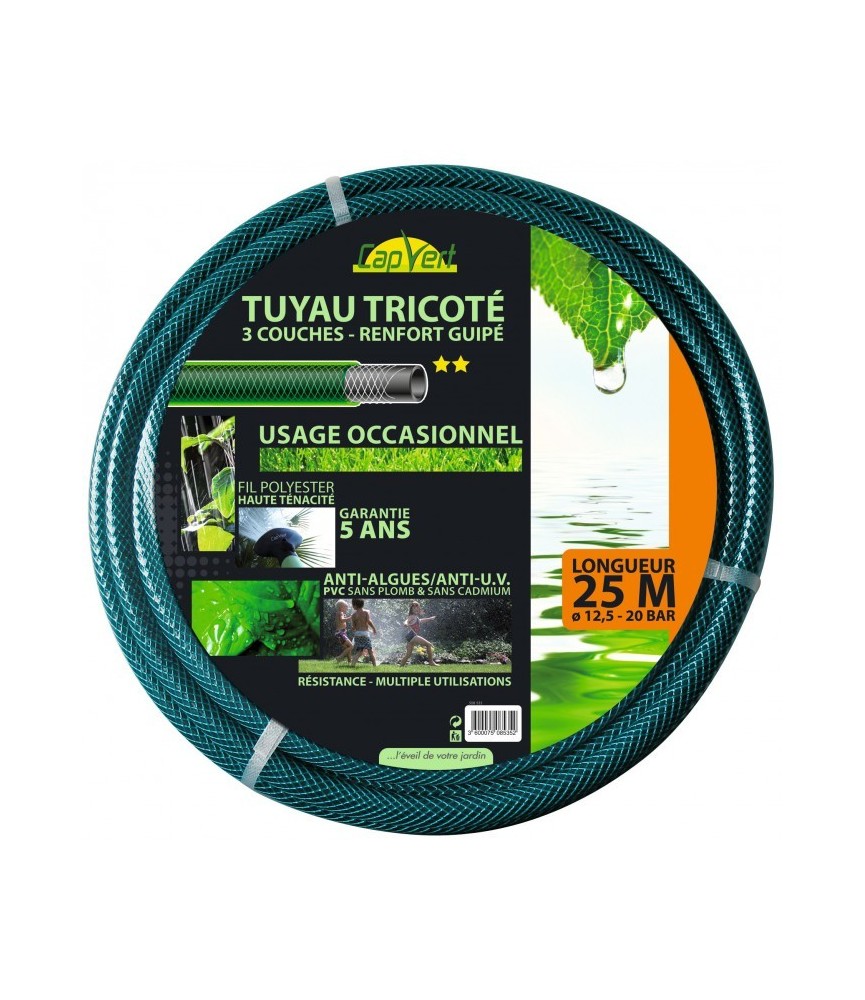 Tuyau tricoté - 3 couches - Renfort guipé - 25 M x 12.5 mm - CAP VERT Tuyau tricoté - 3 couches - Renfort guipé - 25 M x 12.5 mm - CAP VERT