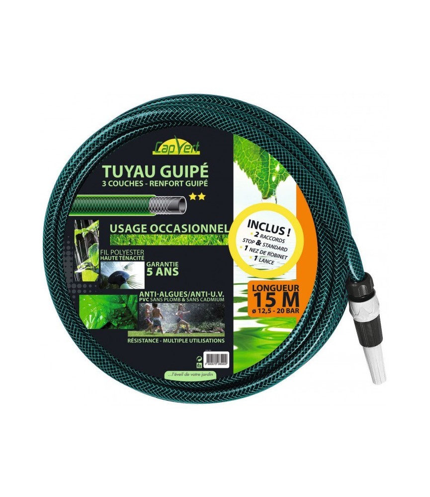 Batterie de tuyau guipé - Equipé - 15 m x 12.5 mm - CAP VERT Batterie de tuyau guipé - Equipé - 15 m x 12.5 mm - CAP VERT