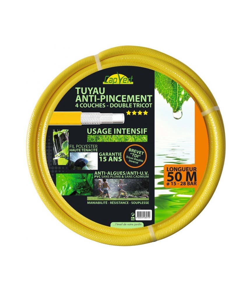 Tuyau tricoté anti-pincement - 4 couches double tricot - 50 M - 15 mm - CAP VERT Tuyau tricoté anti-pincement - 4 couches double tricot - 50 M - 15 mm - CAP VERT