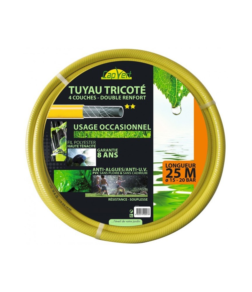 Tuyau tricoté - 4 Couches - Double renfort - 25 M x 15 mm - CAP VERT Tuyau tricoté - 4 Couches - Double renfort - 25 M x 15 mm - CAP VERT