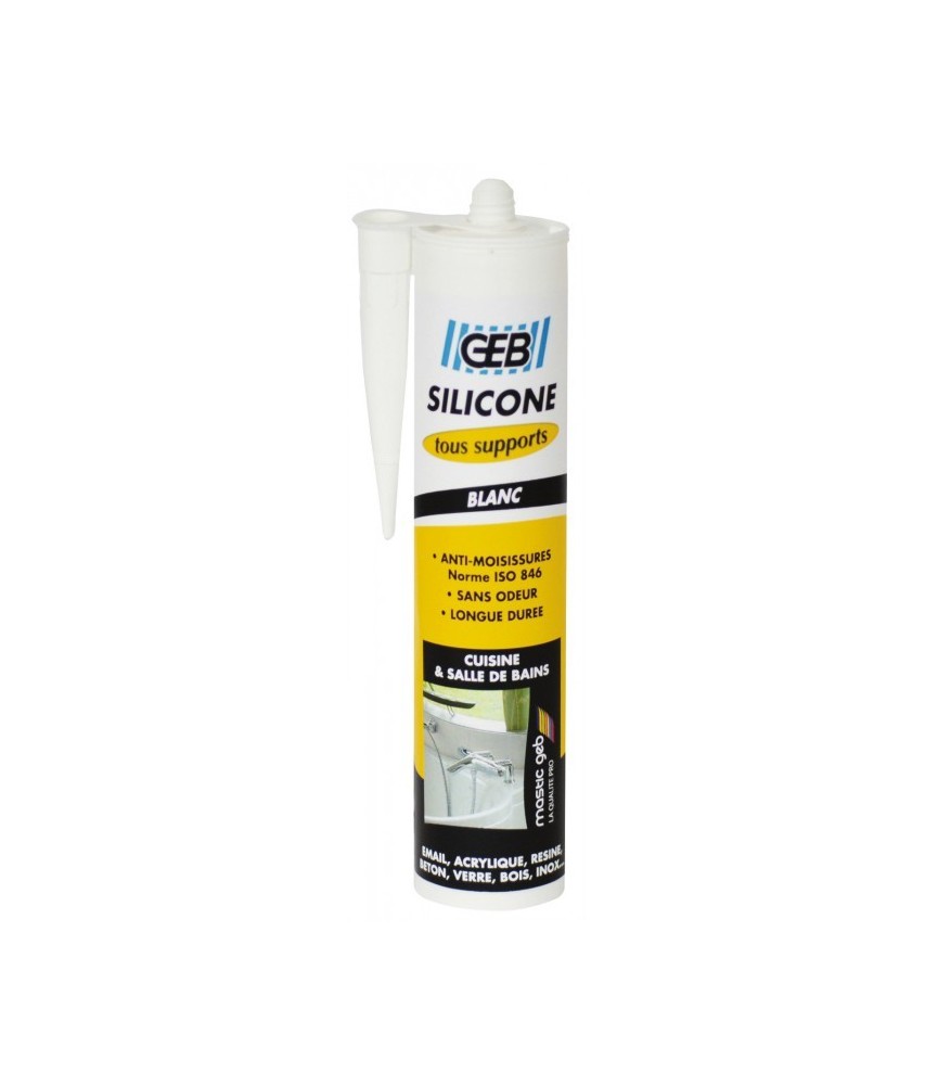 Mastic silicone - tous supports sanitaires - Blanc - 280 ml - GEB Mastic silicone - tous supports sanitaires - Blanc - 280 ml - GEB