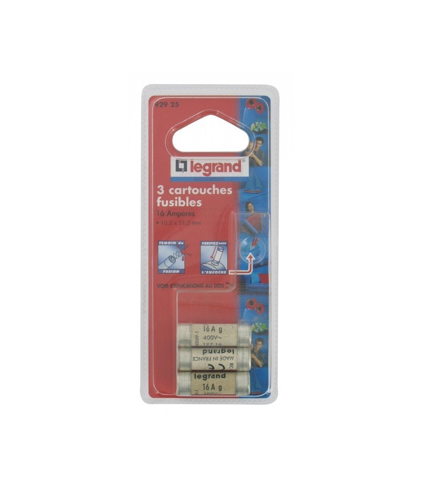 Cartouche domestique cylindrique - 16 A - 10.3 x 31.5 mm - Avec voyant - Lot de 3 - LEGRAND Cartouche domestique cylindrique - 16 A - 10.3 x 31.5 mm - Avec voyant - Lot de 3 - LEGRAND