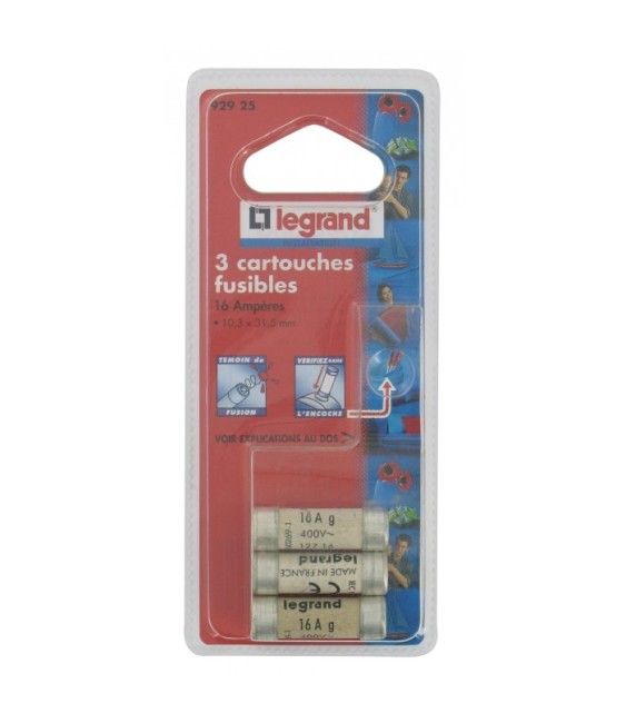Cartouche domestique cylindrique - 16 A - 10.3 x 31.5 mm - Avec voyant - Lot de 3 - LEGRAND