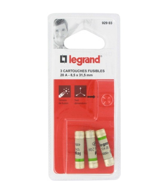 Cartouche domestique cylindrique - 20 A - 8.5 x 31.5 mm - Avec voyant - Lot de 3 - LEGRAND