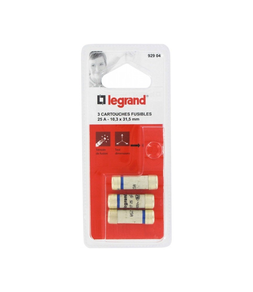 Cartouche domestique cylindrique - 25 A - 10.3 x 31.5 mm - Avec voyant - Lot de 3 - LEGRAND Cartouche domestique cylindrique - 25 A - 10.3 x 31.5 mm - Avec voyant - Lot de 3 - LEGRAND