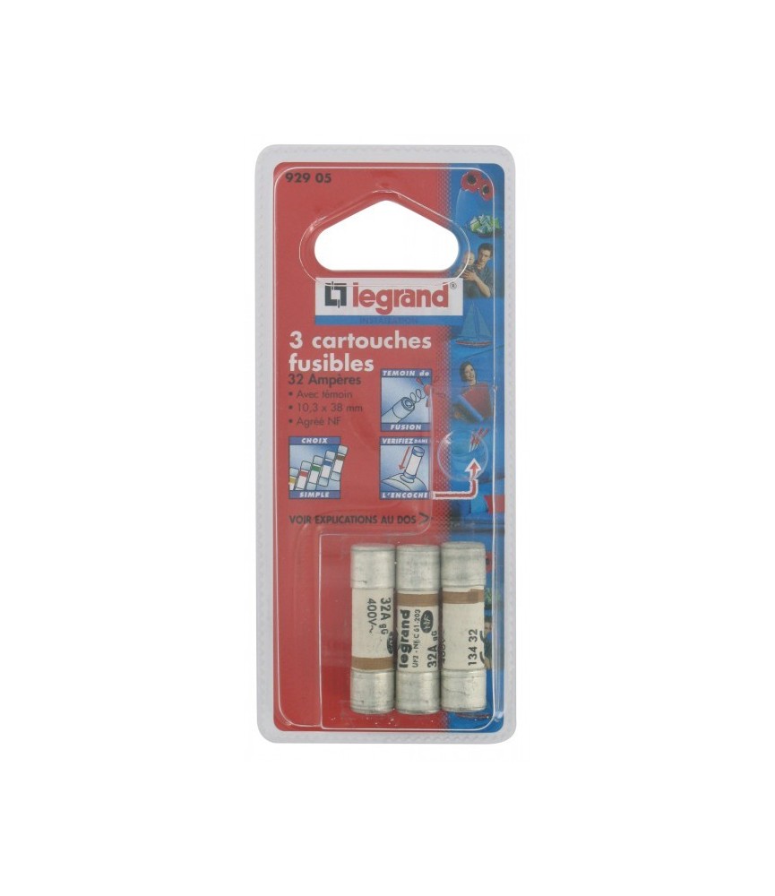 Cartouche domestique cylindrique - 32 A - 10.3 x 38 mm - Avec voyant - Lot de 3 - LEGRAND Cartouche domestique cylindrique - 32 A - 10.3 x 38 mm - Avec voyant - Lot de 3 - LEGRAND