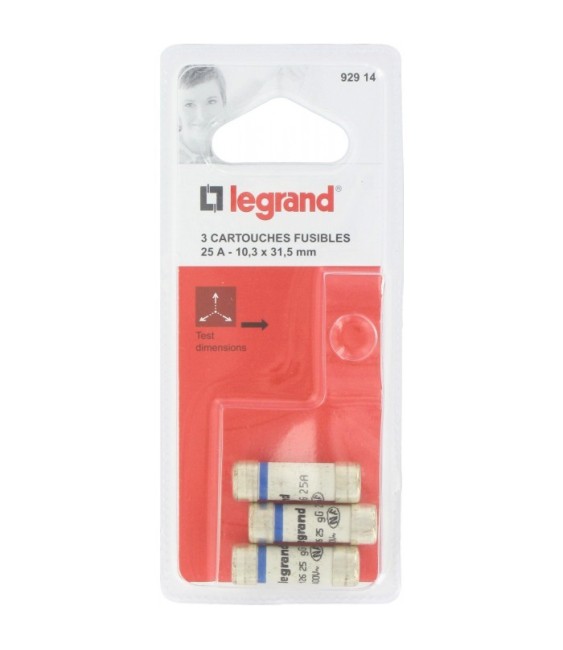 Cartouche domestique cylindrique - 25 A - 10.3 x 31.5 mm - Lot de 3 - LEGRAND