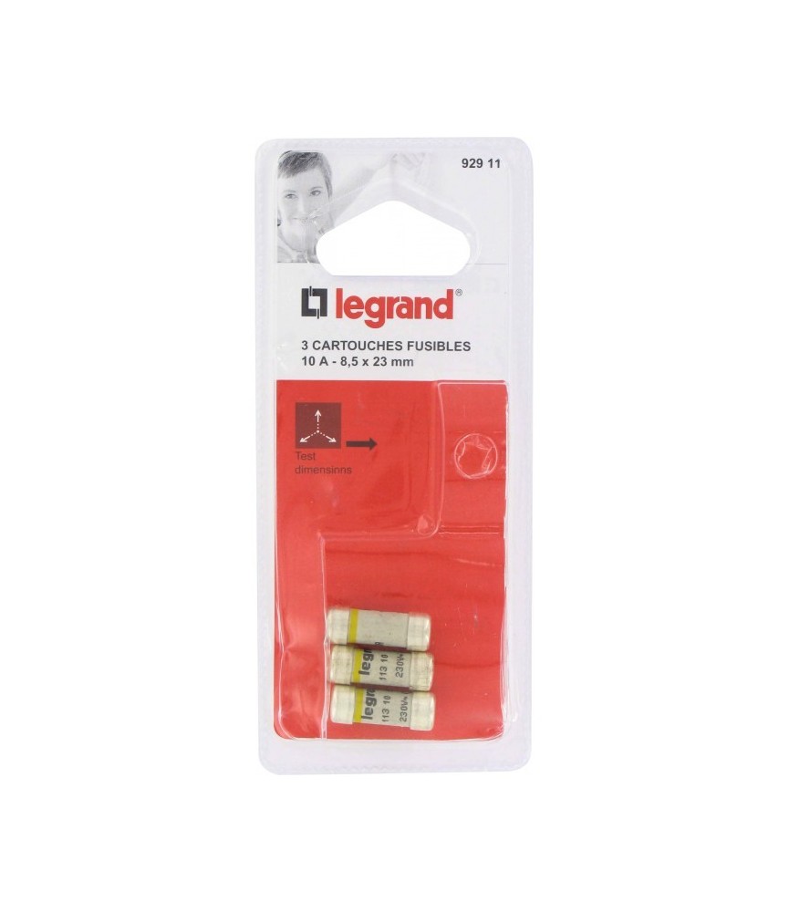 Cartouche domestique cylindrique - 10 A - 8.5 x 23 mm - Lot de 3 - LEGRAND Cartouche domestique cylindrique - 10 A - 8.5 x 23 mm - Lot de 3 - LEGRAND