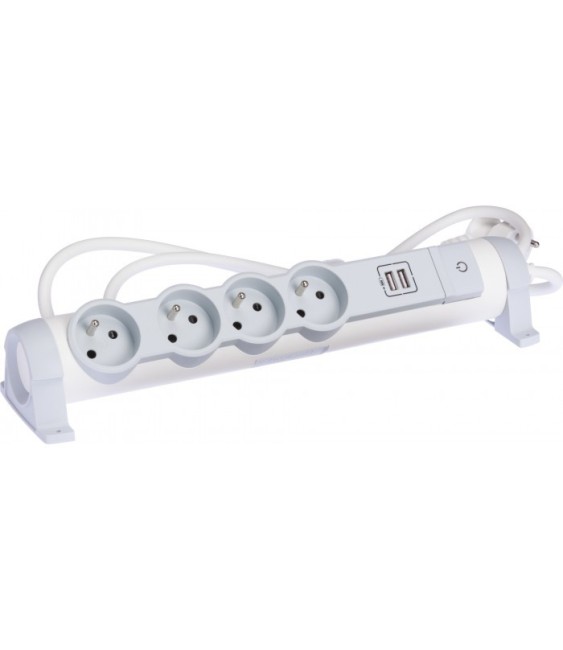 Rallonge 4 prises de courant + 2 chargeurs USB - Blanc et gris - LEGRAND