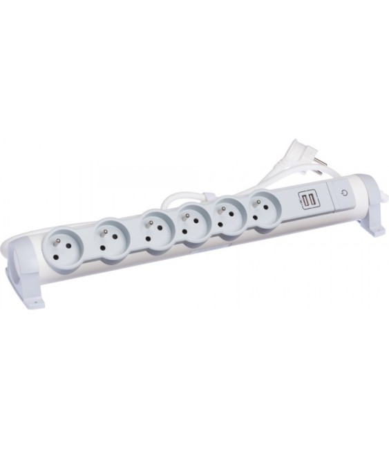 Rallonge 6 prises de courant + 2 chargeurs USB - Blanc et gris - LEGRAND