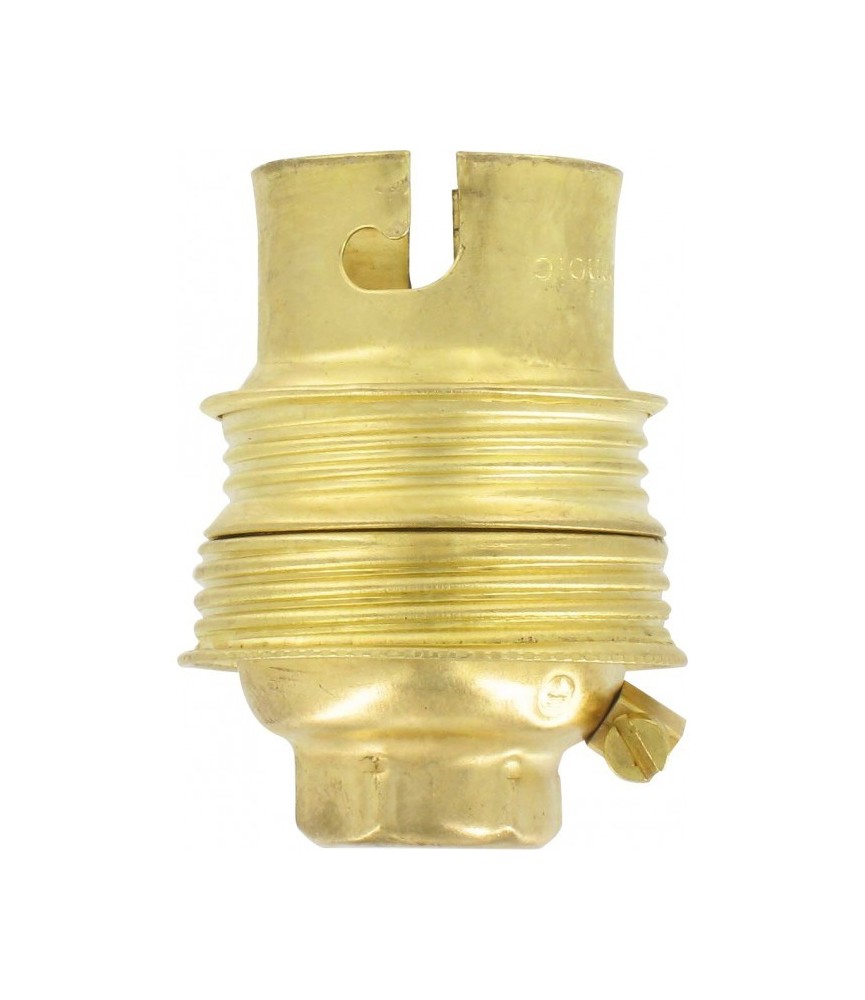 Douille B22 en acier laitonné avec passage de fil avec borne terre - Raccord 10 mm - Double bague - L'EBENOÏD Douille B22 en acier laitonné avec passage de fil avec borne terre - Raccord 10 mm - Double bague - L'EBENOÏD