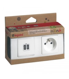 Prise + chargeur 2 USB avec plaque Niloé + boite à encastrer - Eclat - LEGRAND