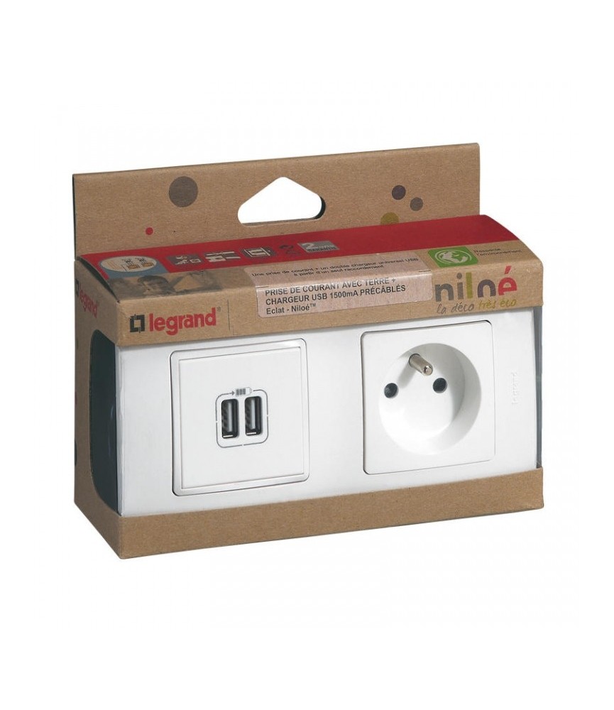 Prise + chargeur 2 USB avec plaque Niloé + boite à encastrer - Eclat - LEGRAND Prise + chargeur 2 USB avec plaque Niloé + boite à encastrer - Eclat - LEGRAND