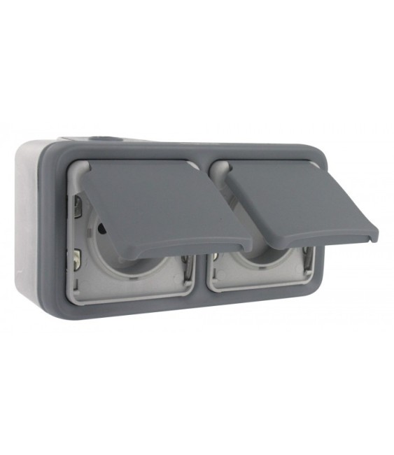 Double prise de courant avec terre Plexo apparent horizontal - Gris - LEGRAND