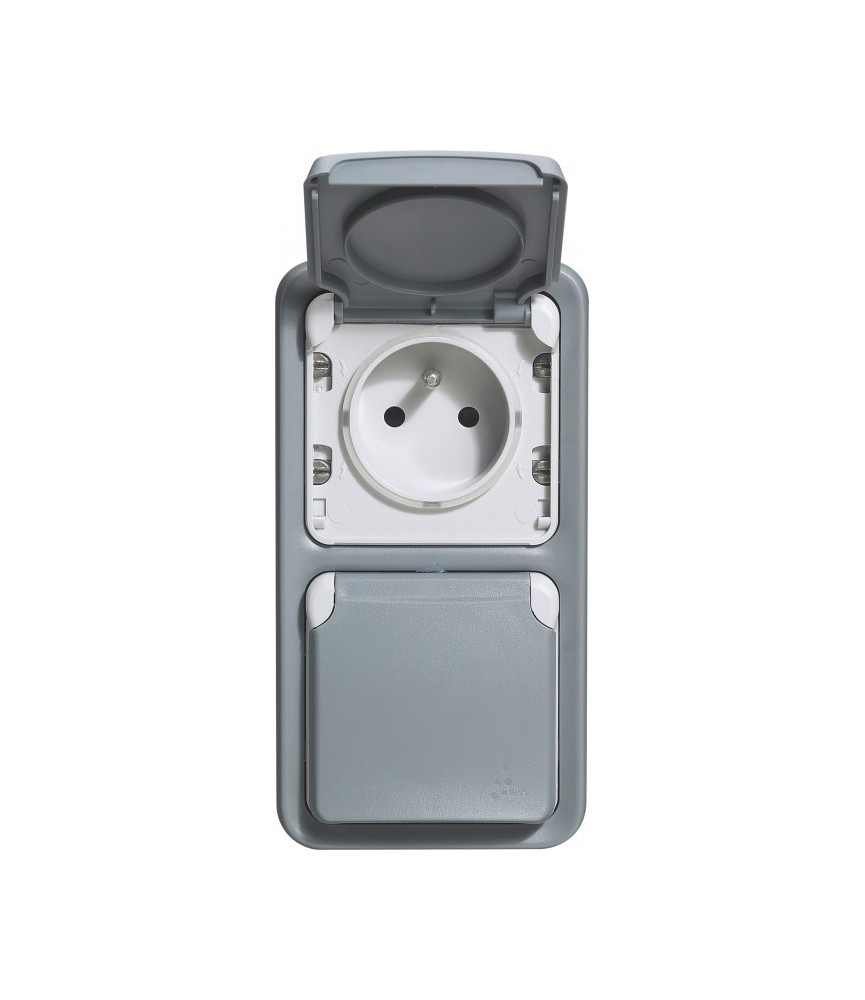 Double prise de courant avec terre Plexo apparent - Vertical - Gris - LEGRAND Double prise de courant avec terre Plexo apparent - Vertical - Gris - LEGRAND