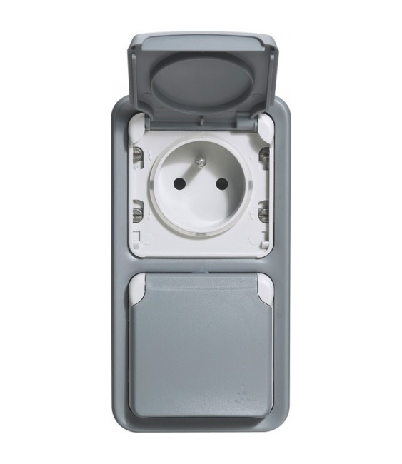 Double prise de courant avec terre Plexo apparent - Vertical - Gris - LEGRAND
