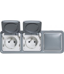 Double prise de courant + obturateur Plexo complet apparent - Gris - LEGRAND